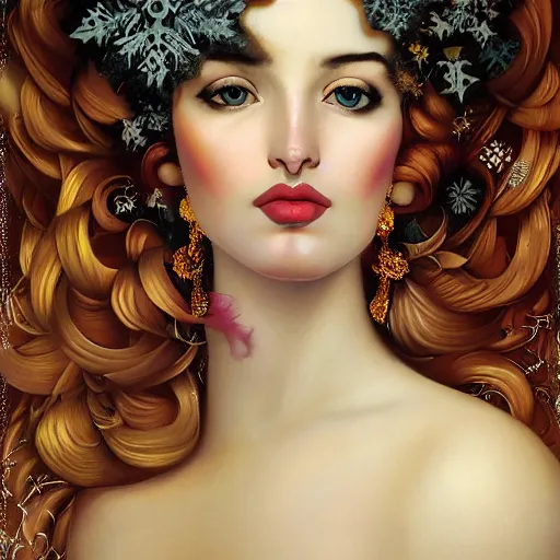 Prompt: dynamic composition, a painting of woman with hair of ( snowflakes )!! and ( vines in winter )! wearing ornate earrings, ornate gilded details, a surrealist painting by tom bagshaw and jacek yerga and tamara de lempicka and jesse king, featured on cgsociety, pop surrealism, surrealist, dramatic lighting, wiccan, pre - raphaelite