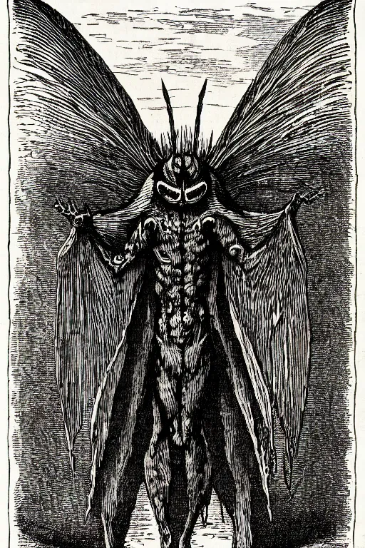 Image similar to mothman, as a demon from the dictionarre infernal, pen - and - ink illustration, etching by louis le breton, 1 8 6 9, 1 2 0 0 dpi scan, ultrasharp detail, hq scan, intricate details, stylized border