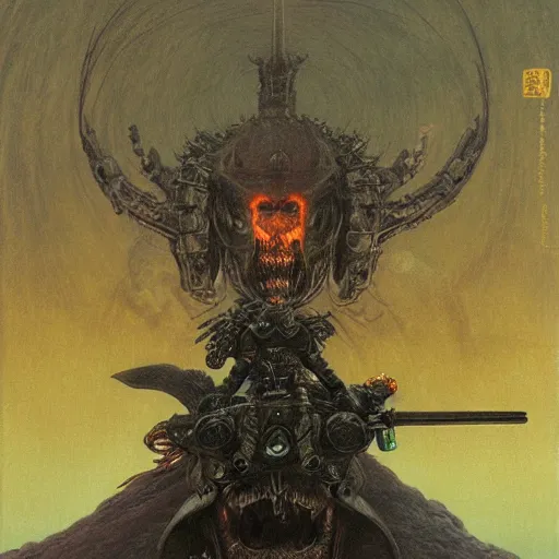 Image similar to epic wizard riding futuristic motorcycle through the gates of hell, wearing samurai armor, highly detailed beksinski painting