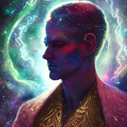 Prompt: Portrait of a cosmic god, suit made of stars, galaxy and nebulas, intricate, cinematic lighting, highly detailed, digital painting, artstation, concept art, smooth, sharp focus, illustration, art by Artgerm and Greg Rutkowski