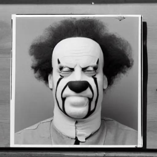 Image similar to ronald mcdonald mugshot in the newspaper, black and white newspaper, headline mugshot image of ronald mcdonald clown, clown mugshot, old fashioned photograph, criminal mugshot