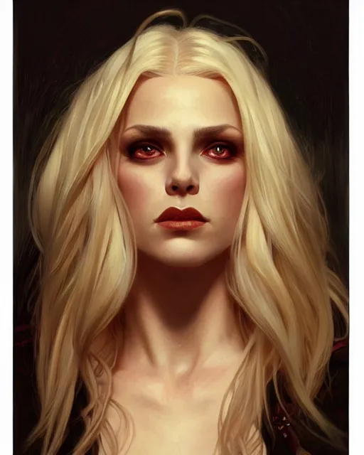 Image similar to portrait of a blonde vampire, dark, piercing eyes, gentle expression, elegant clothing, photorealistic, highly detailed, artstation, smooth, sharp focus, art by michael whelan, artgerm, greg rutkowski and alphonse mucha