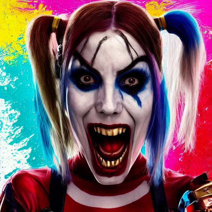 Image similar to portrait of Melanie C as a harley quinn in Suicide Squad. octane render, trending on artstation, very coherent, symmetrical artwork. cinematic, hyper realism, high detail, octane render, 8k