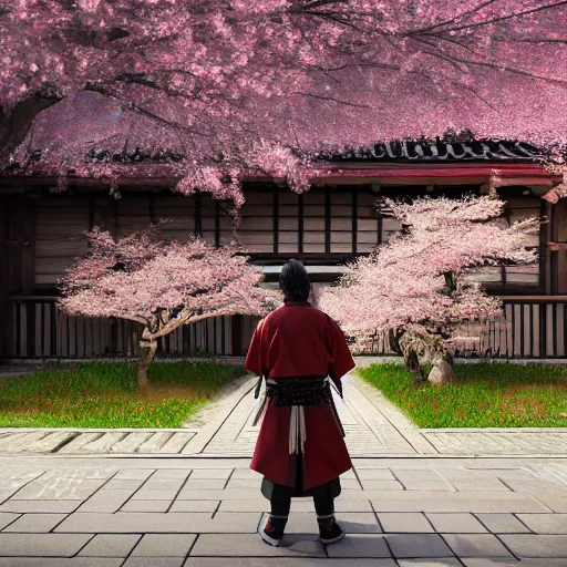 Image similar to hyperrealistic painting of a highly detailed photorealistical samurai, standing in front of traditional Japanese hut, cherry blossom trees outside, Feng Shui Style, cinematic concept art, art station, award winning art, 8k, octane render, unreal engine 5