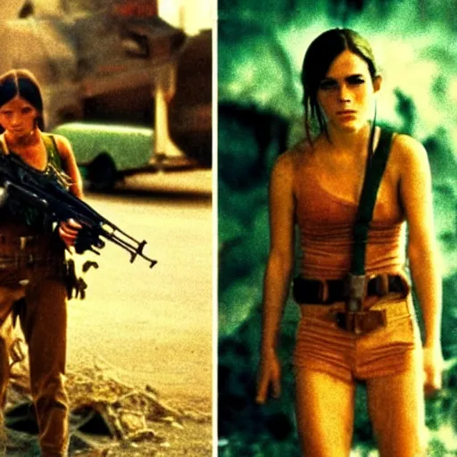 Image similar to film still, extreme far view, emma watson vietnam door gunner, film still from apocalypse now ( 1 9 7 9 ), 2 6 mm, kodak ektachrome, blue tint expired film,