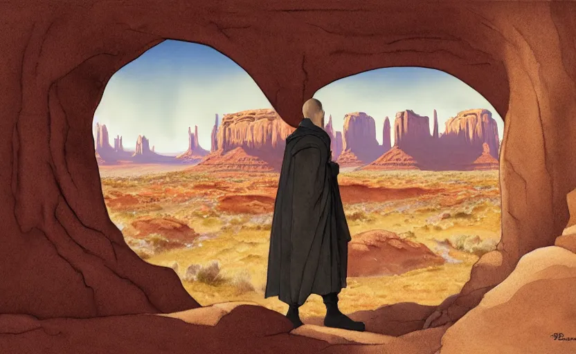 Prompt: a hyperrealist watercolor concept art of a medieval monk in grey robes in monument valley looking through a rock arch through a portal to an alien world. very muted colors, by rebecca guay, michael kaluta, charles vess. high detail, hq, wide shot, 4 k