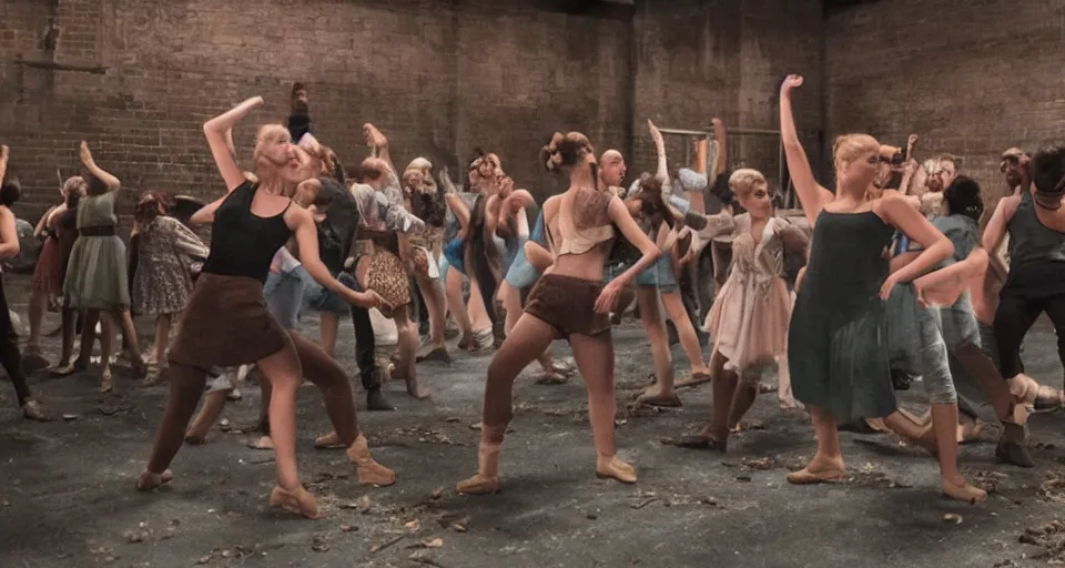 Image similar to closeup still of the musical dance scene inside an abandoned slaughterhouse storeroom, closeup 35mm lens, Disney remake (2021)