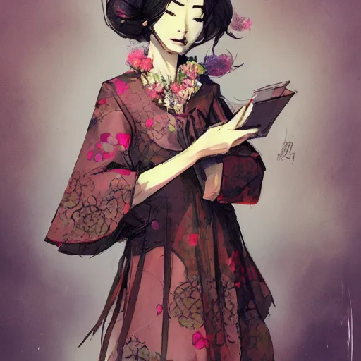 Image similar to concept art for a middle - aged chinese teacher with permed hear and a floral dress, by dustin nguyen, akihiko yoshida, greg tocchini, trending on artstation, 8 k