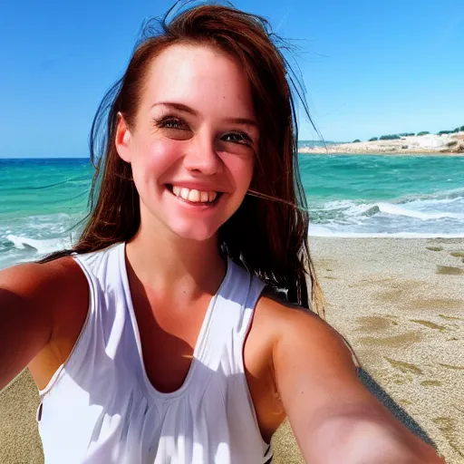 Image similar to Selfie photograph of a cute young woman with bronze brown hair and vivid green eyes, smiling smugly, medium shot, mid-shot, beach background