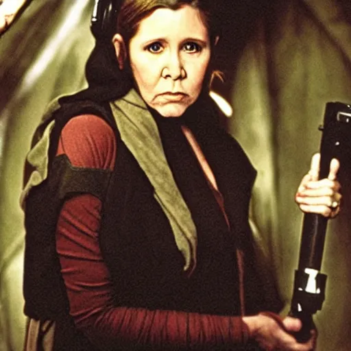 Image similar to Carrie Fisher on the set of RETURN OF THE JEDI realistic photo