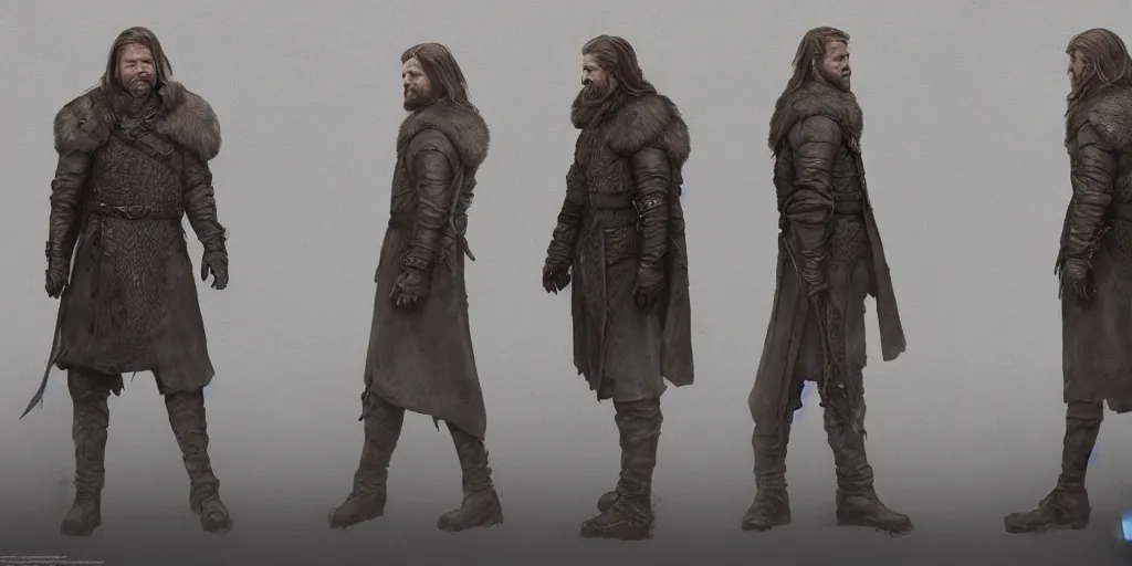 Image similar to ned stark, character sheet, concept design, contrast, hot toys, kim jung gi, greg rutkowski, zabrocki, karlkka, jayison devadas, trending on artstation, 8 k, ultra wide angle, pincushion lens effect