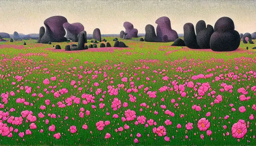 Prompt: field of alien flowers in bloom growing out of rock rose quartz abstract distant background sky in the style of Jean Metzinger realistic alien flower and rose quartz in the style of Alexandre-Isidore Leroy De Barde flowers bloom landscape in the art style of Peder Mørk Mønsted ralistic romantic landscape painting Hyperrealistic in the style of Alexandre-Isidore Leroy De Barde and Peder Mørk Mønsted,