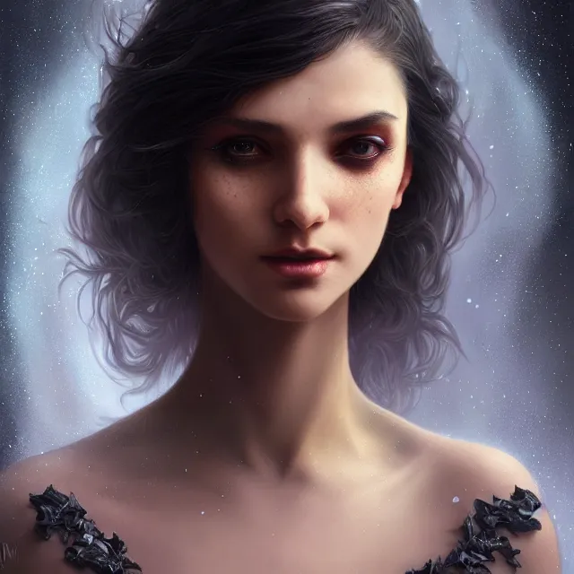 Prompt: detailed portrait of beautiful witch, dark fantasy, black background!!! symmetry, highly detailed, 4 k digital painting, detailed skin, iridescence reflecting, crystal particles, magical, raytracing, plasma, artistic, concept art by artgerm, greg rutkowski, alphonse mucha, unreal engine render,