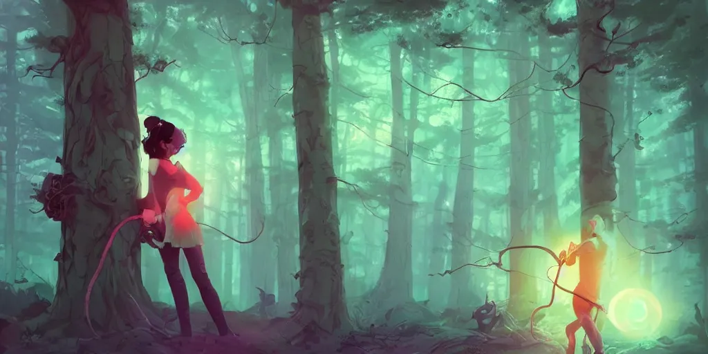 Prompt: 1 6 mm, film, a non - binary vr musician plugging cables into trees in a mystical glowing forest in the style of artgerm, charlie bowater, atey ghailan and mike mignola, vibrant colors and hard shadows and strong rim light, perfect details, comic cover art, trending on artstation, 3 d render, smooth render, wlop