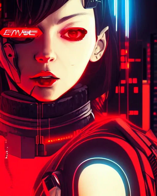 Image similar to a comic potrait of a cyberpunk cyborg girl with black and red parts, fine - face, realistic shaded perfect face, fine details. night setting. very anime style. realistic shaded lighting poster by ilya kuvshinov katsuhiro, unreal engine, global illumination, radiant light, detailed and intricate environment