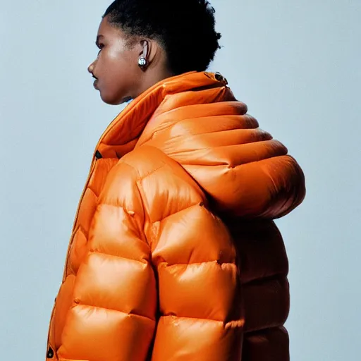 Image similar to realistic! photoshoot for a new balenciaga lookbook, color film photography, portrait of a beautiful woman wearing a puffer jacket, photo in style of tyler mitchell, 35mm