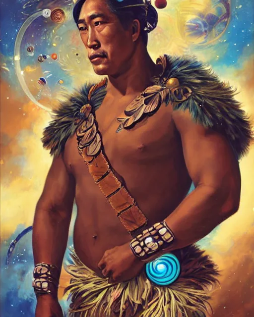 Image similar to duke kahanamoku as a hawaiian warrior surrounded by intergalactic planets connected by streams of multiversal flow, sigma male, gigachad, visually stunning, luxurious, by wlop, james jean, jakub rebelka, tran nguyen, peter mohrbacher, yoann lossel