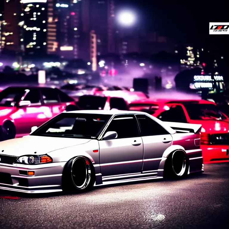 Image similar to a car JZX100 twin turbo drift at illegal car meet, Shibuya prefecture, city midnight mist lights, cinematic lighting, photorealistic, highly detailed wheels, high detail