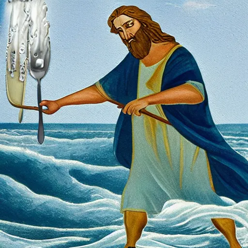 Prompt: Moses splitting the sea with a giant spoon