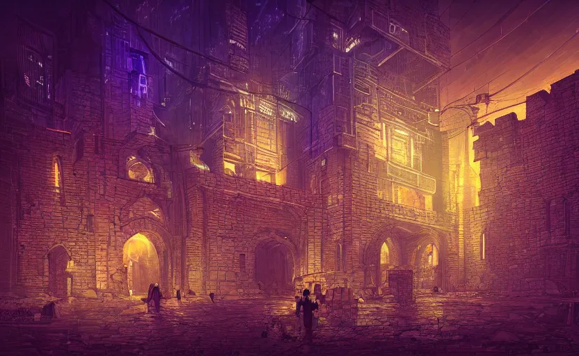 Image similar to a cyberpunk medieval castle, stone brick walls, vincent lefevre, neon lights