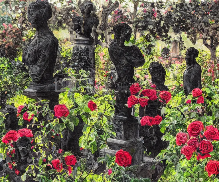 Image similar to colorful painting of black vines with black roses, wrapped around old statues in a garden