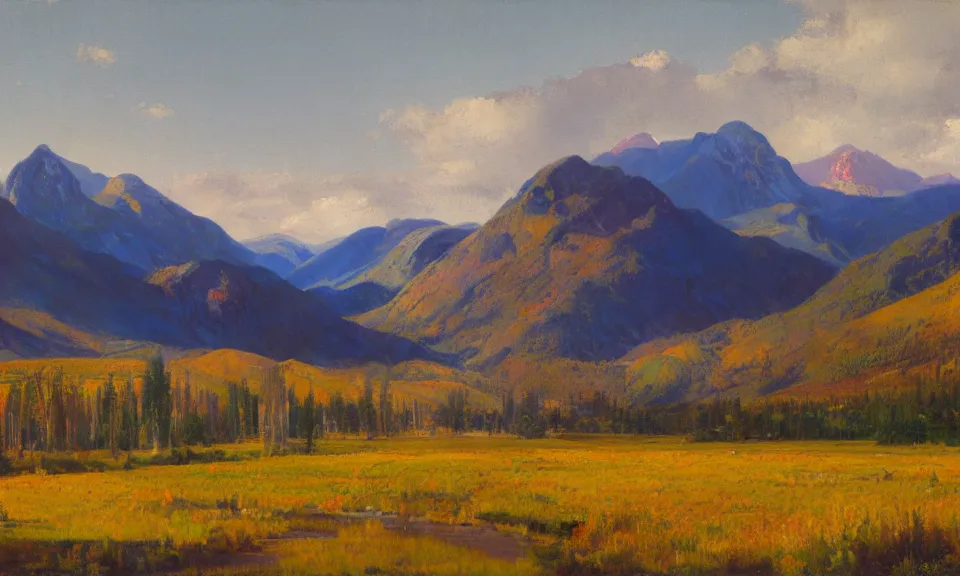 Image similar to Realist colorful impasto painting of the Salmon River mountains by John Harris, 4k scan, oil on canvas,