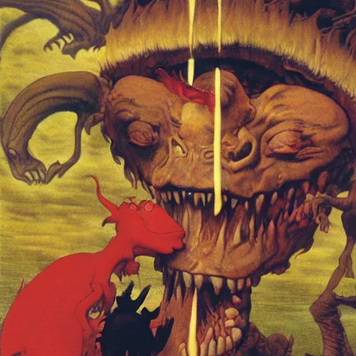 Prompt: un monstre horrible et fou degueulasse avec une peau sale et seche petits yeux rouges dents tres longues demon sang sur les levres by bob bottin and lucien freud and ghibli studio and caravaggio and miyazaki and herge and rubens