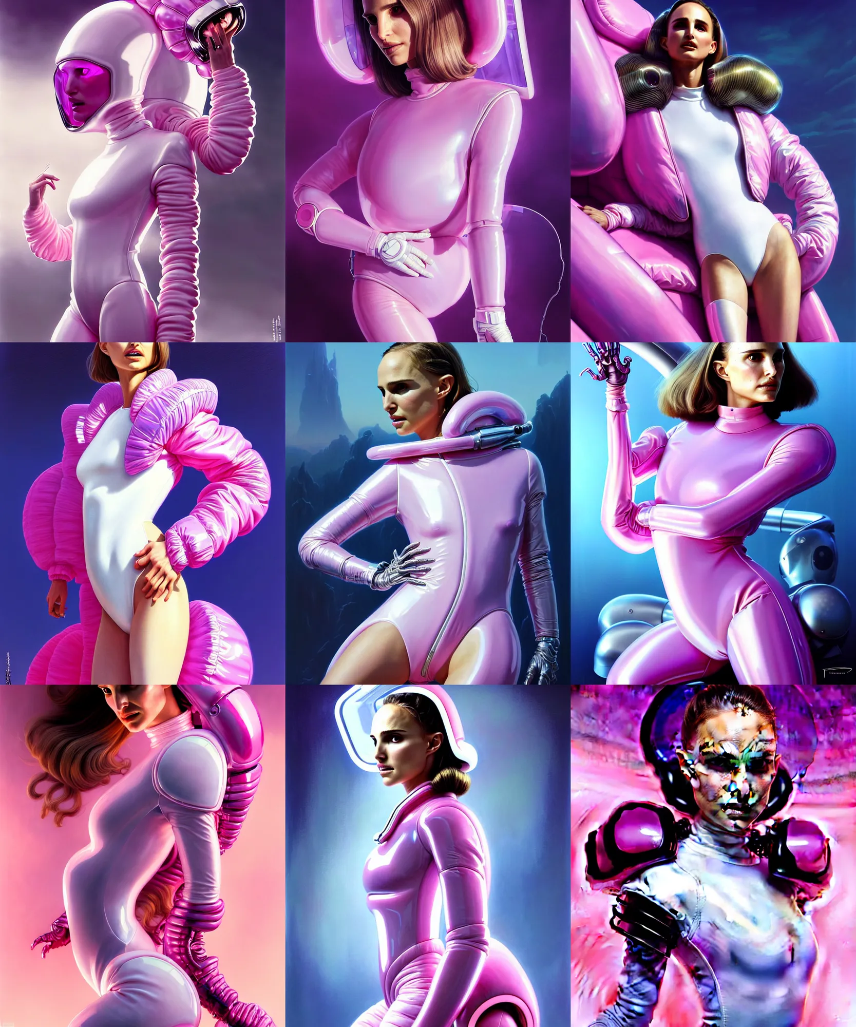 Prompt: beautiful fantasy character portrait, natalie portman, wearing oversized plastic puffy pink bomber jacket and white leotard, very seductive pose, ultra realistic, wide angle, dramatic lighting, futuristic chrome vehicle, alien creatures, cyberpunk artifacts, highly detailed by paolo eleuteri serpieri, hajime sorayama, boris vallejo, peter mohrbacher, aaron horkey,,