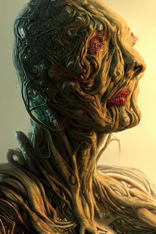 Prompt: beautiful portrait of a mutant algae plant character, intricate transhuman, dystopian cyberpunk, eyelashes, extremely detailed, digital painting, sculpted in zbrush, artstation, concept art, smooth, sharp focus, illustration, chiaroscuro soft lighting, golden ratio, rule of thirds, fibonacci, incredible art by Stanley Artgerm Lau and Greg Rutkowski, composition by mike mignola and Simon Stalenhag,