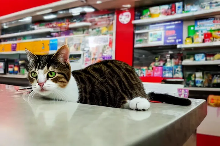 Image similar to cat on the counter in 7 - eleven next to a pack of cigarettes wide angle lens