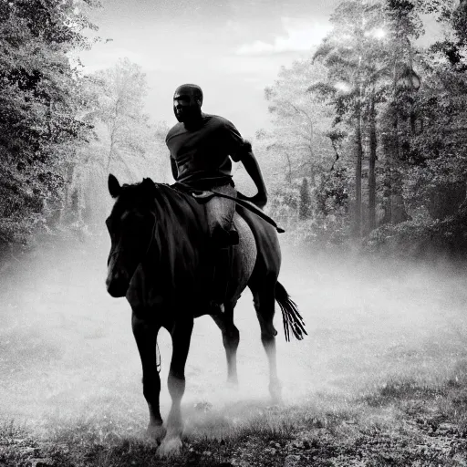 Image similar to Kanye West riding a horse in the forest, 35mm, photorealistic, studio light, noire