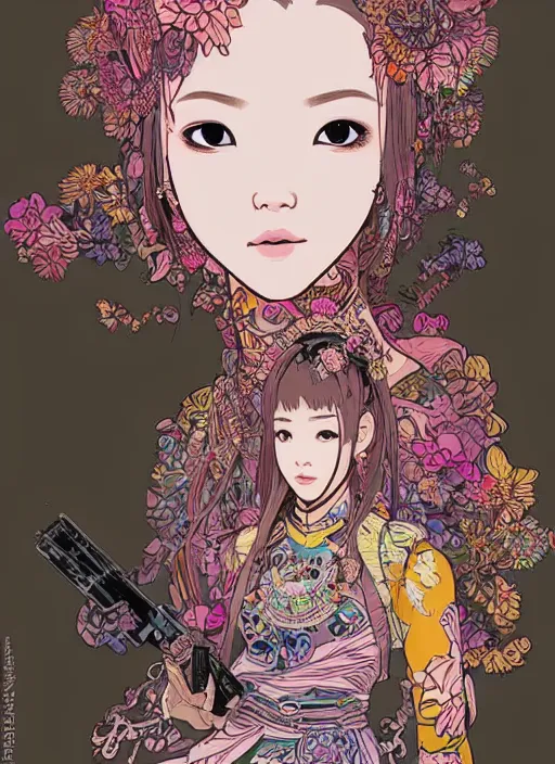 Image similar to beautiful lisa blackpink cyborg portrait girl female illustration detailed patterns art of thai traditional dress, flower pop art, floral splash painting, art by geof darrow, ashley wood, alphonse mucha, makoto shinkai