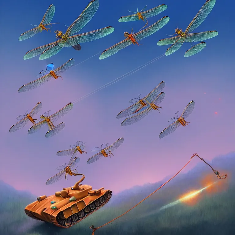 Prompt: a horde of dragonflies using cables to lift a tank, mid-air, suspended, fantasy, sunspots, motion, digital art by RHADS and Moebius, artstation