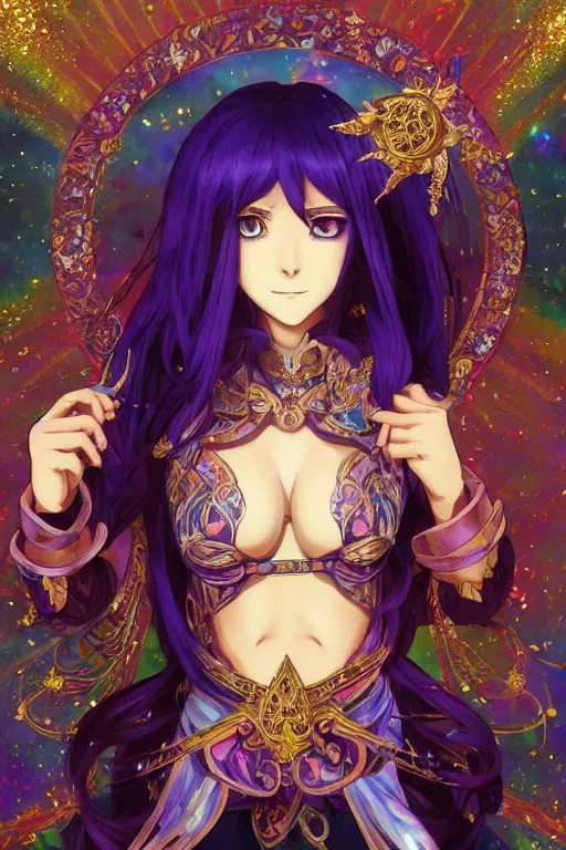Image similar to psychedelic, intricate, highly detailed, anime, 4k, beautiful seductive lucina from fire emblem holding a crystal containing the universe, with professional makeup, long trippy hair, surrounded by gems, underneath the stars, trending on patreon, deviantart, twitter, artstation, volumetric lighting, heavy contrast, by artgerm and Ilya Kuvshinov and alphonse mucha