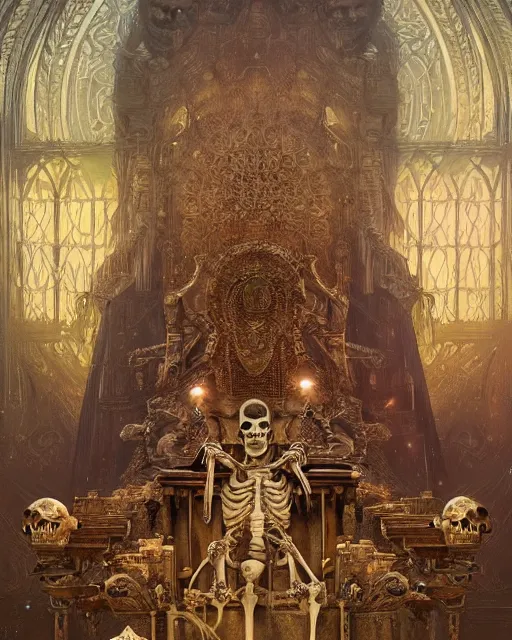 Image similar to ancient skeleton sits on a throne in an old temple with godrays, gorgeous, amazing, intricate, highly detailed, digital painting, artstation, concept art, sharp focus, illustration, art by greg rutkowski and alphonse mucha