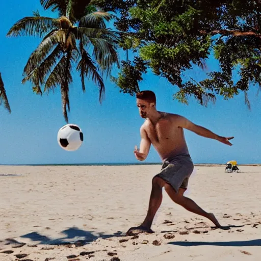 Prompt: a man kicking a ball at the beach