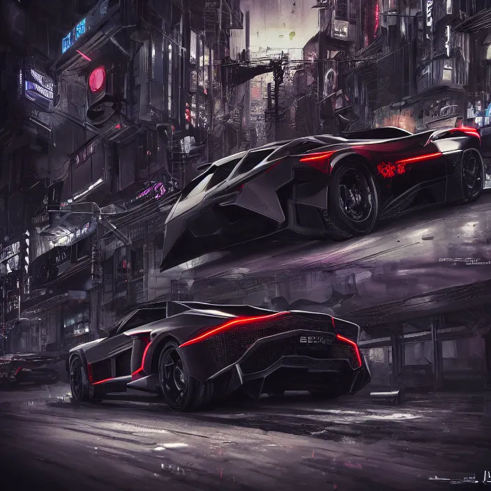Image similar to dark cyberpunk car lamborgini counatch, in drak style cyberpunk city, by neill blomkamp director film, extreamly detailed, photorealism, photography, raytracing, 8 k, octane render, hyperrealism, perfect composition, art top in artstation, by chris labrooy, rendered in rtx, ssao, fxaa, unreal engine
