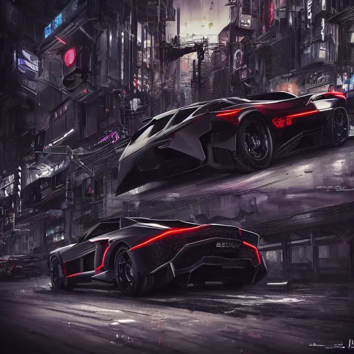 Prompt: dark cyberpunk car lamborgini counatch, in drak style cyberpunk city, by neill blomkamp director film, extreamly detailed, photorealism, photography, raytracing, 8 k, octane render, hyperrealism, perfect composition, art top in artstation, by chris labrooy, rendered in rtx, ssao, fxaa, unreal engine