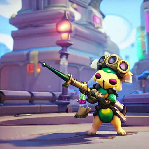 Image similar to teemo is the newest overwatch character, kings row in the background, octane render, blender render, unreal engine, standing pose, cinematic lighting, symmetrical, never underestimate the power of the scouts code