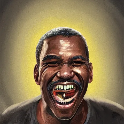 Image similar to old black man portrait, face smiling, golden teeth, flat background, greg rutkowski gta san andreas art
