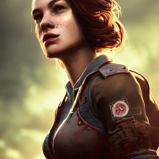 Prompt: fallout 5, charismatic beautiful rugged brunette female protagonist, portrait, outdoorsin front of vault 1 5 6, atmospheric lighting, painted, intricate, volumetric lighting, beautiful, daytime, sunny weather, slight overcast, sharp focus, deep colours, ultra detailed, by leesha hannigan, ross tran, thierry doizon, kai carpenter, ignacio fernandez rios