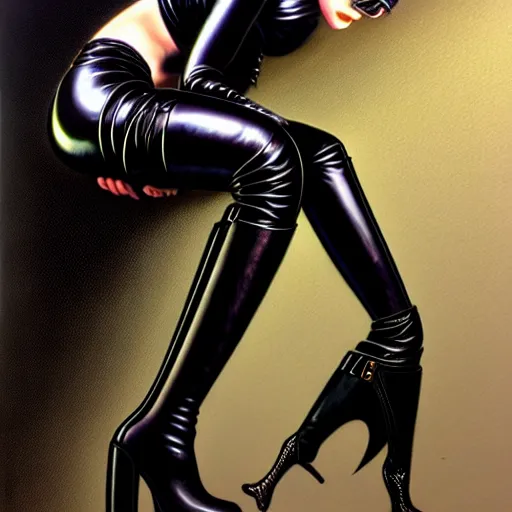 Image similar to woman with black hair in knee high leather boot, latex 1 9 8 0's art, airbrush style, art by hajime sorayama,, intricate, elegant, sharp focus, illustration, highly detailed, h 6 4 0