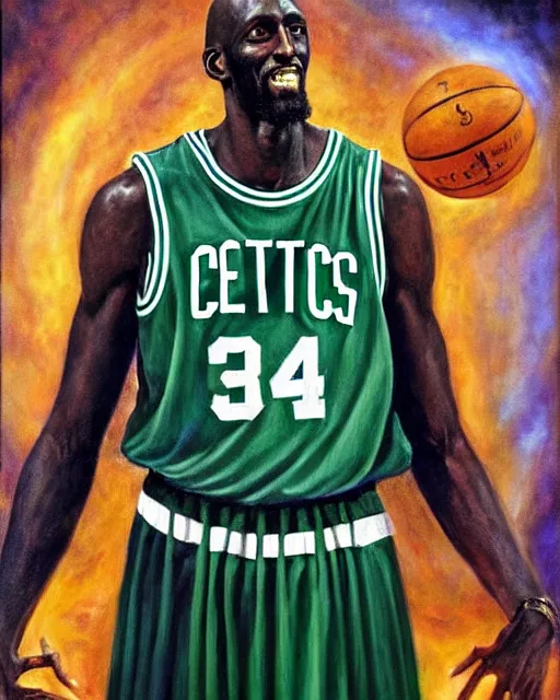 Prompt: portrait of boston celtics kevin garnett as a wizard at hogwarts, full body, mystical, magic, wizard, oil on canvas by william sidney mount, award winning