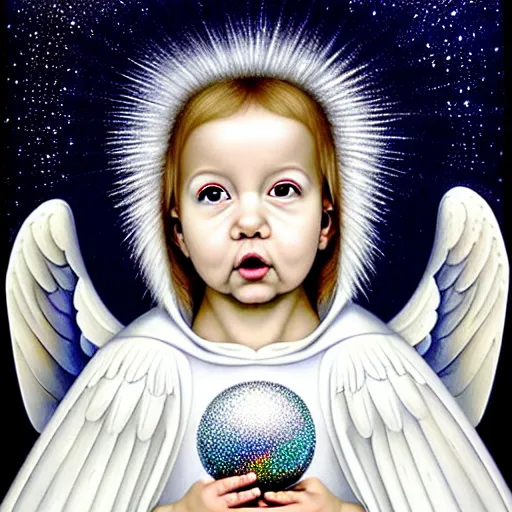 Image similar to beautiful high details hyper realistic painting of white angel in the hood coming from space with giant ball of miracle light from the chest!!!!!, 4 k hd face!!!, cute face, no gender, giant silver holographic wings, by jan van eyck, holography space, white sparkles everywhere, thin strokes, high textures, silver background