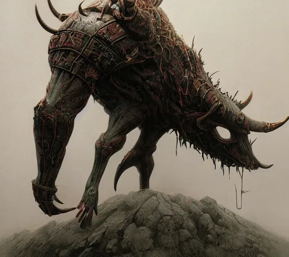 Prompt: minotaur concept, full body concept, beksinski, wayne barlowe, adrian smith fantasy art, the hobbit art, lord of the ring art, the witcher concept art, trending on artstation, game of throne art