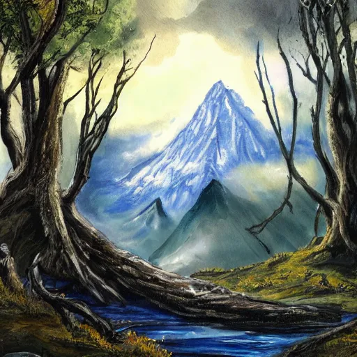 Prompt: painting lord of the rings dramatic landscape, forrest