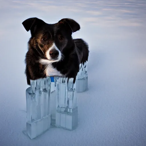 Image similar to a dog made from ice. Photograph highly detailed 8K.