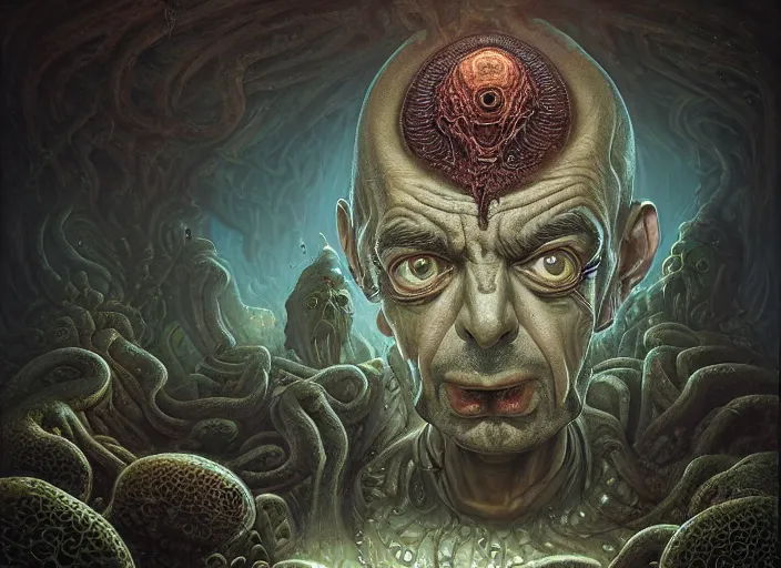 Image similar to lovecraft biopunk portrait of mr bean, fractal background, by tomasz alen kopera and peter mohrbacher