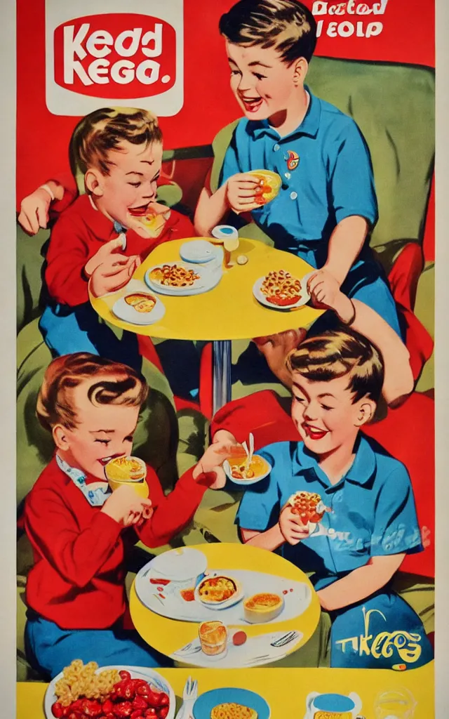 Prompt: 1 9 5 0 s poster of two kids having breakfast with kellogs cereal, retro, vintage, colorful, advertising, high quality, illustration, digital art