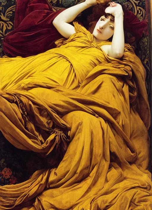 Prompt: masterpiece hybrid portrait of hybrid of sarah siddons and lisa minelli, reclining on bed, flowing cloth floating in the wind, wearing yellow ochre ornate medieval dress, vertical, foreshortening, colour photography by frederic leighton, william morris, 8 k